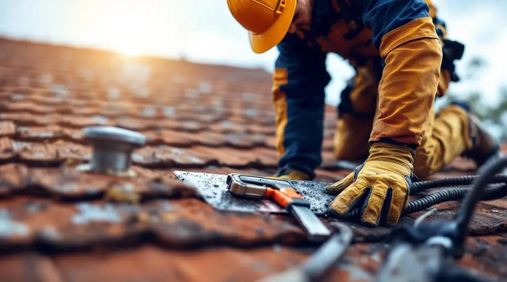 An experienced roofer examining asphalt shingles and flashing on a residential roof in Bountiful, showing meticulous care.