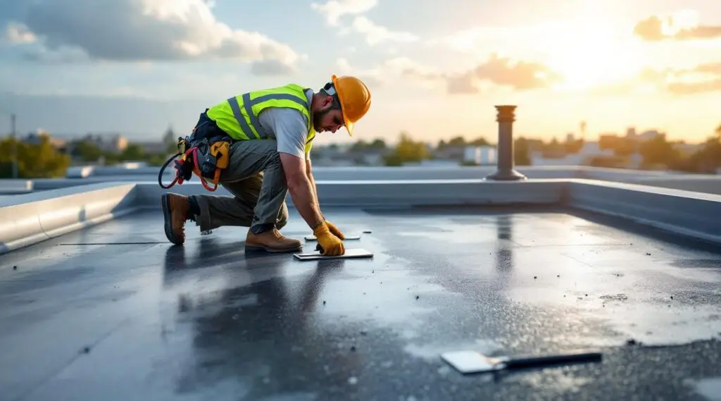 Professional roofing crew installing a durable black EPDM rubber membrane on a flat commercial roof in Bountiful.