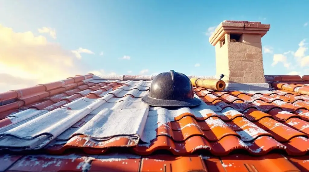 A commercial building in Bountiful featuring a newly installed red clay Spanish tile roof under a bright sky.