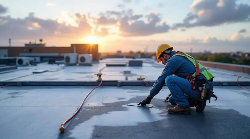 Professional roofing crew installing a durable white TPO flat roof on a local Bountiful commercial building under clear skies.