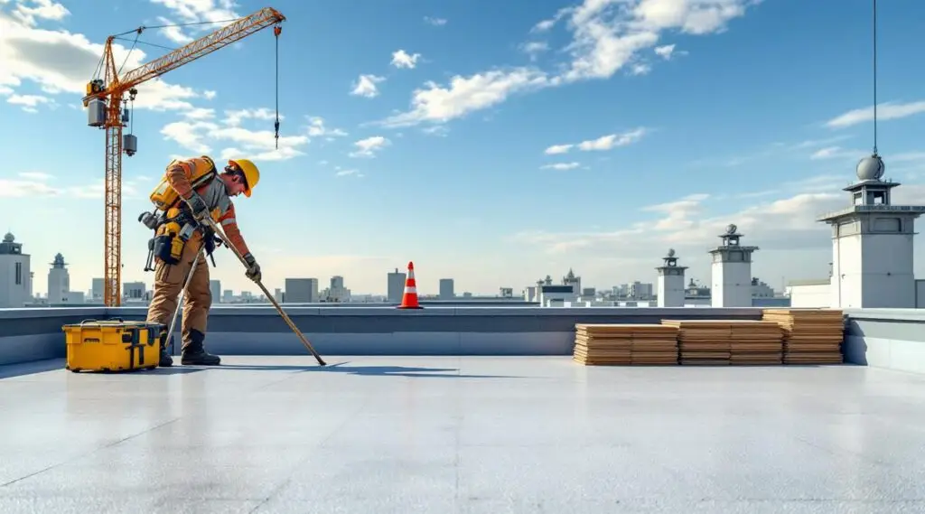 Commercial roofing crew heat-welding white TPO membrane seams on a large flat roof in Bountiful.
