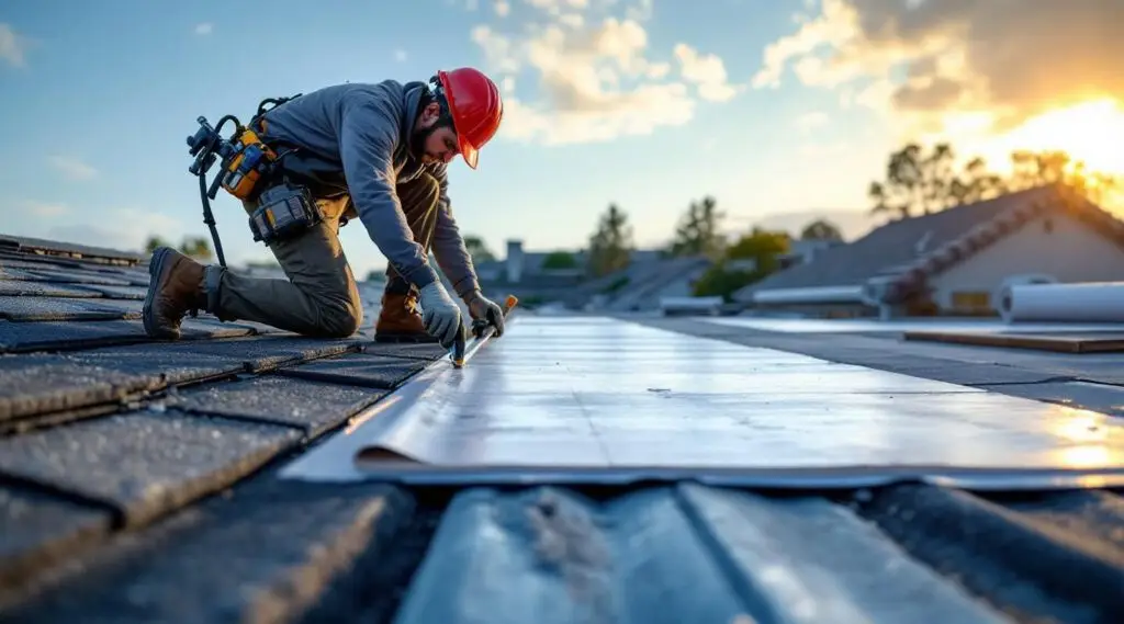 A professional roofing crew installing clean architectural shingles on a Bountiful home under a bright, clear sky.