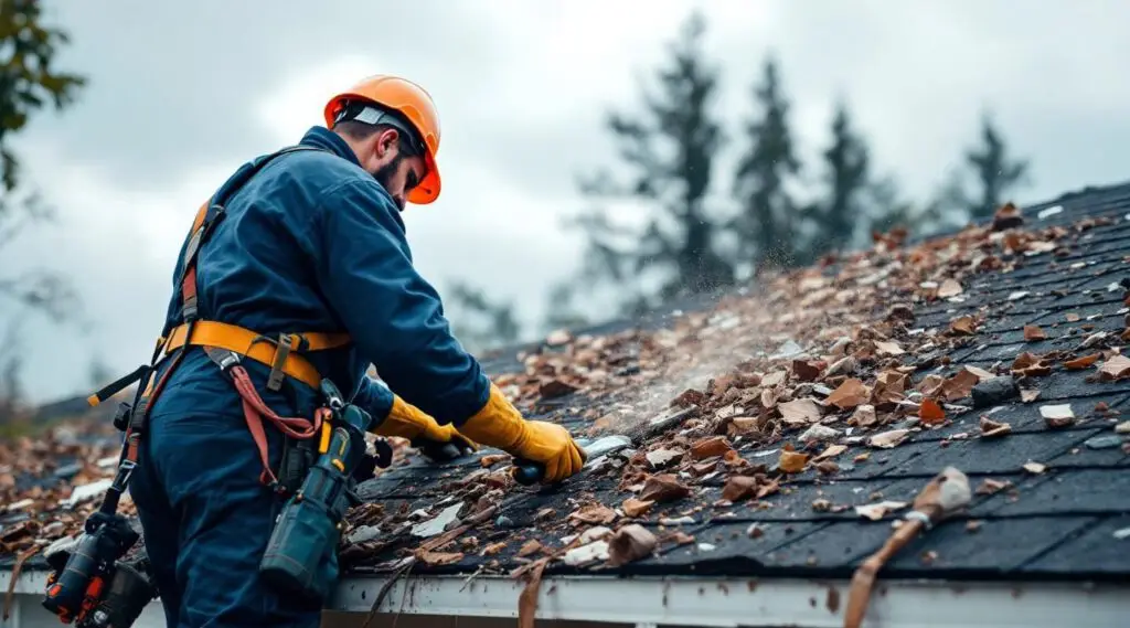 Apex Shield Roofing crew inspecting wind-damaged shingles on a Bountiful home after a severe storm.