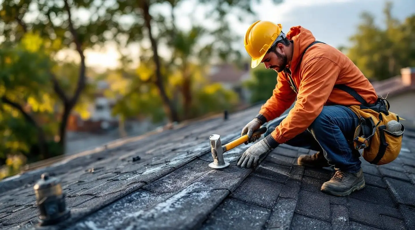 Professional roofing contractor repairing asphalt shingles on a sunny residential home in Santa Ana.