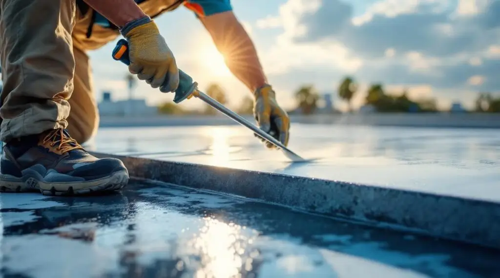 An Apex Shield Roofing technician applying a white silicone roof coating to a commercial roof in Bountiful under bright sunlight.