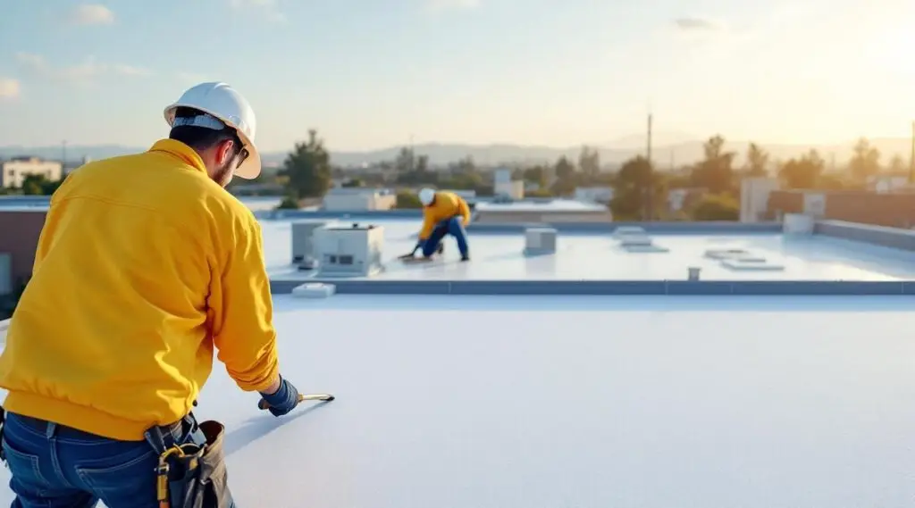 Roofing crew hot-air welding white TPO membrane seams on a commercial flat roof in Bountiful under bright morning light.