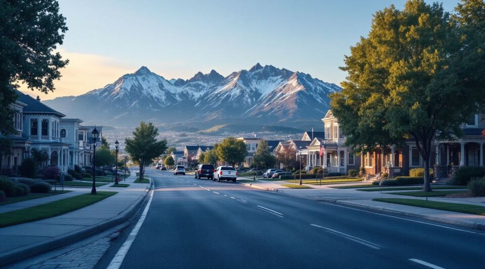 A residential street in West Jordan, Utah, with the Oquirrh Mountains in the background and a newly installed shingle roof.