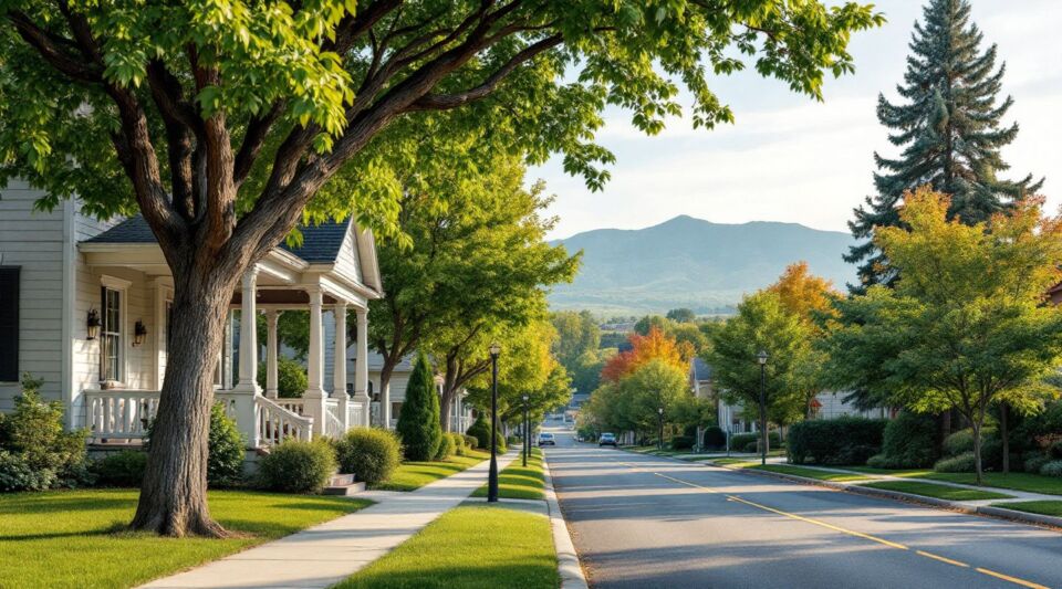 A residential street in Taylorsville, Utah with classic ranch-style homes showing clean asphalt shingle roofs under the Wasatch Range.