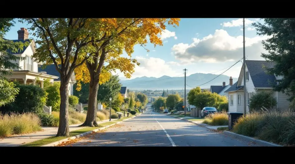 A residential street in Salt Lake City showing pitched shingle roofs with the snow-capped Wasatch Range in the background.