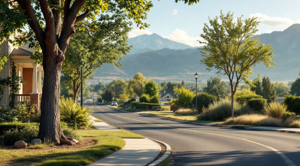 A residential street in Murray, Utah, showing split-level homes with the snow-capped Wasatch Mountains in the background.