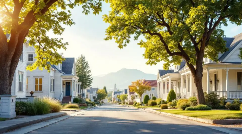 A residential street in Sandy, Utah, showing homes with asphalt shingle roofs against the snow-capped Wasatch Range.